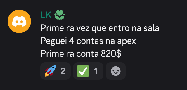 4 contas na Apex, primeira 820 dolares